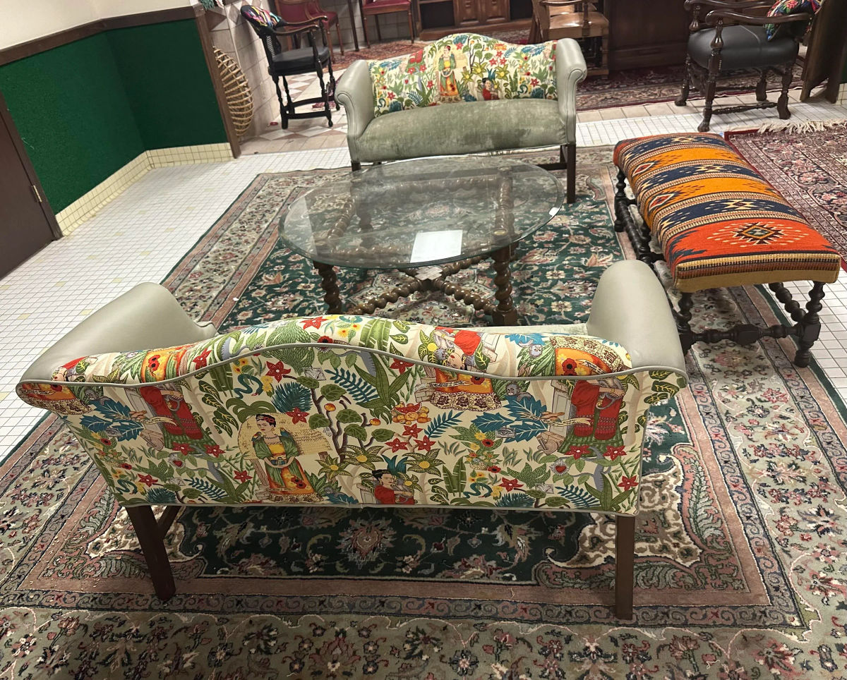 Pair of Chippendale Camelback Settees in ‘Frida’s Garden’ Chintz and Celadon Leather and Velvet - Image 14