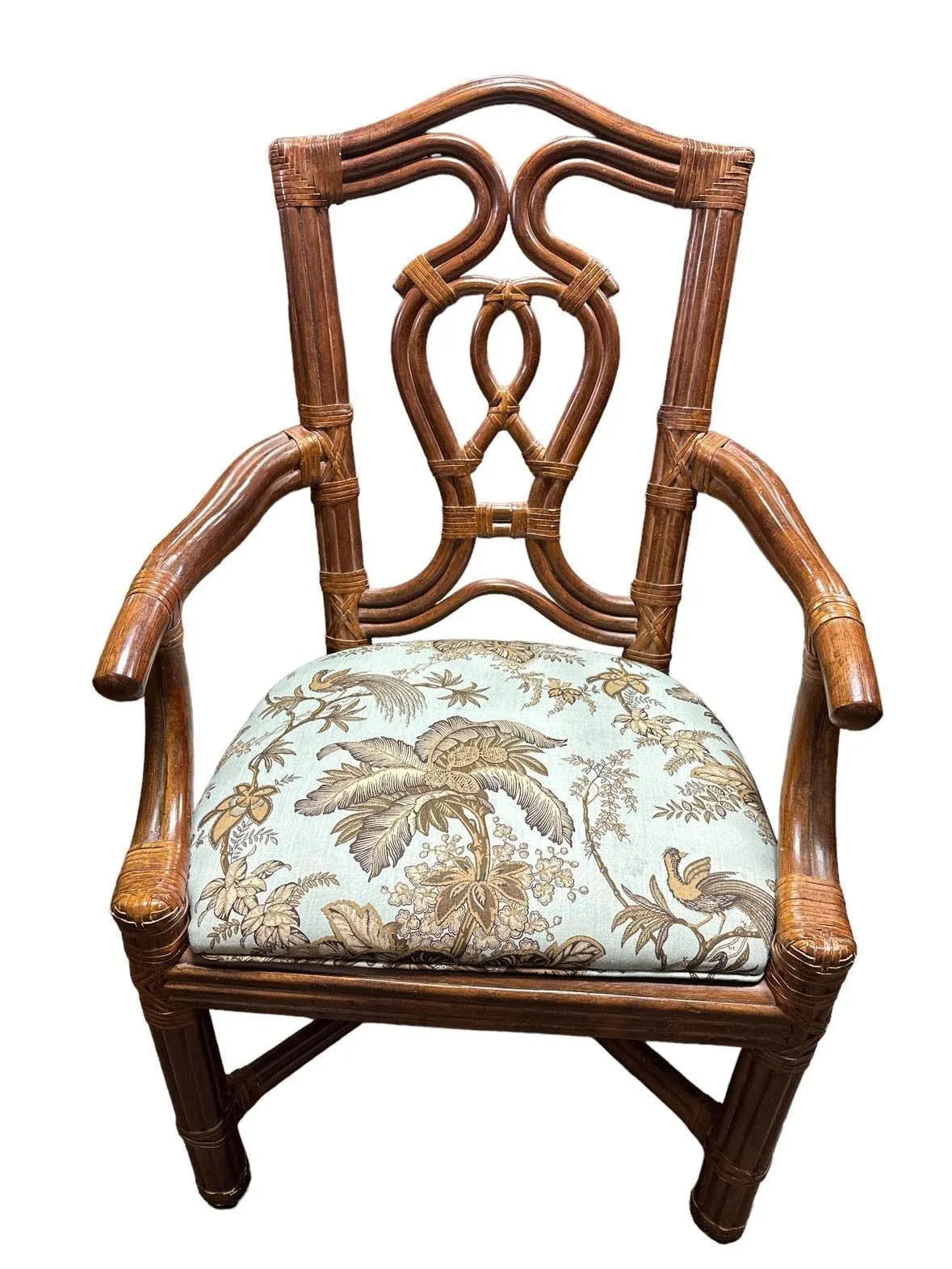 Pair of Vintage Bernhardt Rattan Chairs With New Schumacher Linen ‘Coconut Grove’ Seat Upholstery - Image 3
