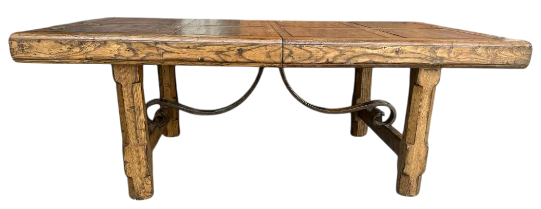 Late 20th Century Monumental Spanish Rustic Style Solid Oak Refectory Table With Heavy Iron Cursive Stretchers - Image 3