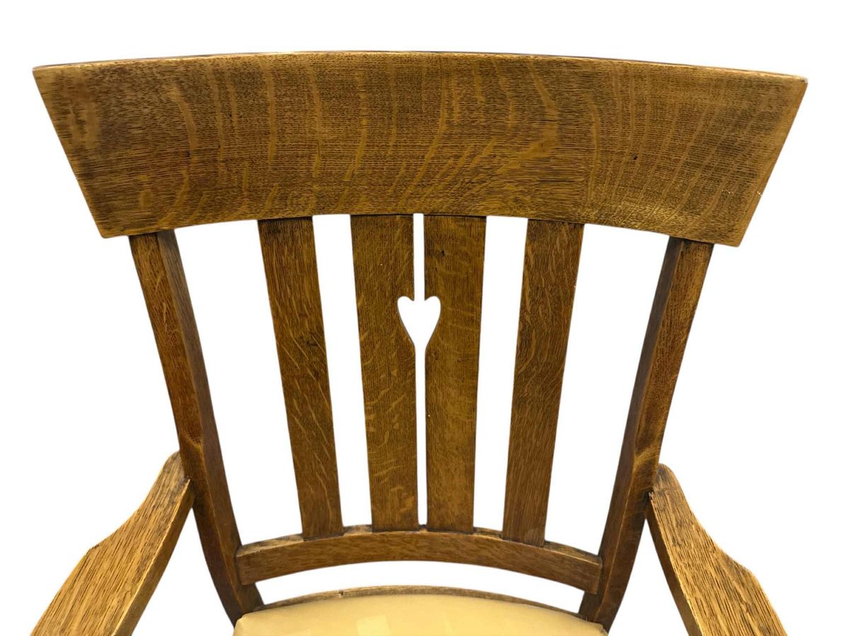 Antique Arts and Crafts Quarter Sawn Oak Rocking Chair With Heart Cutout and New Mustard Leather Seat - Circa 1905 - Image 3