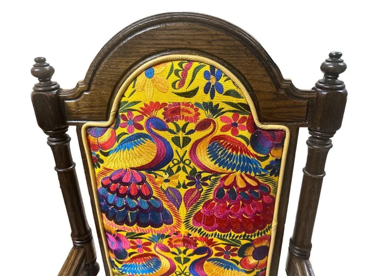 Ethan Allen Vintage Royal Charter Oak Chairs With Chiapas Embroidery, Leather, and Fabric Upholstery - Set of 6 - Image 3