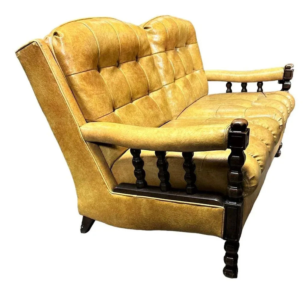 Mustard Yellow Vinyl Mid Century Spanish Revival Settee - Image 3