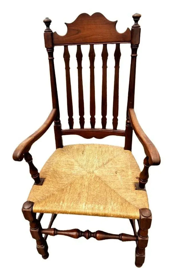 Vintage Solid Walnut and Rush Seat Dining Chairs - Set of 6 With 2 Armchairs - Image 3