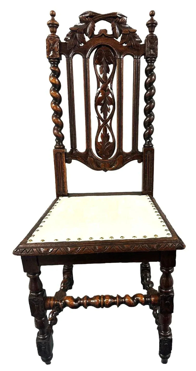 19th Century French Antique Carved Oak Dining Chairs With New Seat Upholstery - Set of 6 - Image 3