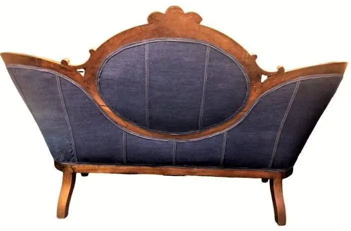 Mid 19th Century Walnut and Burlwood Parlor Medallion Sofa Reupholstered in 'New Wave' Design - Image 3