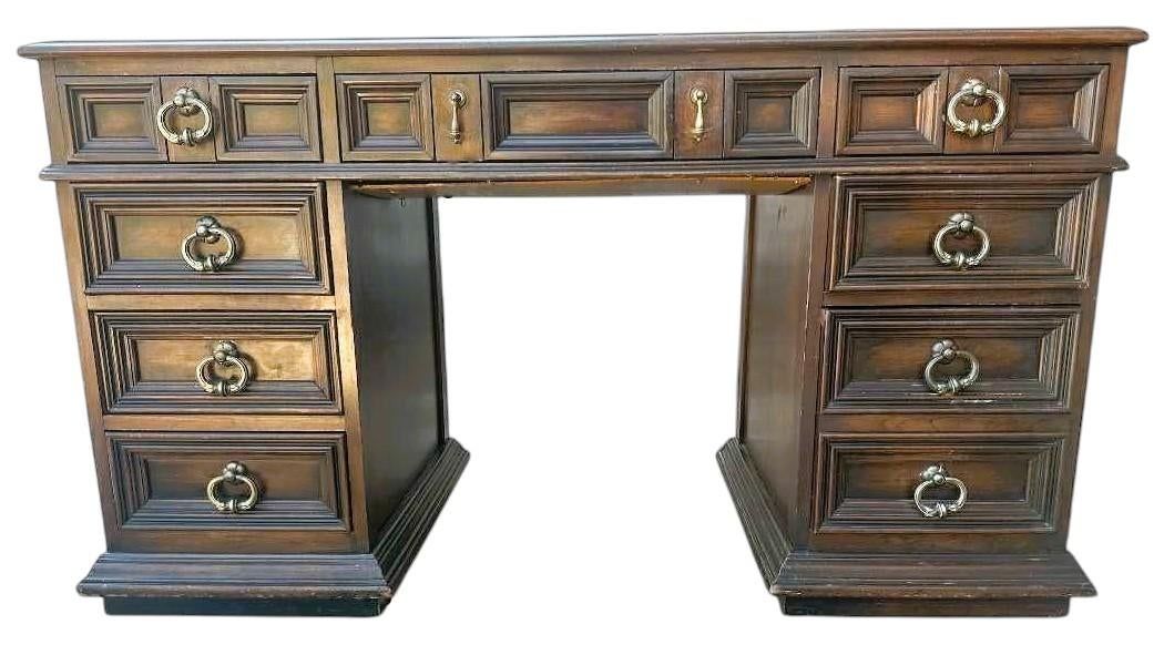 Solid Walnut Leather Topped Spanish Revival Coffered Desk - Vintage Mid 20th Century - Image 3