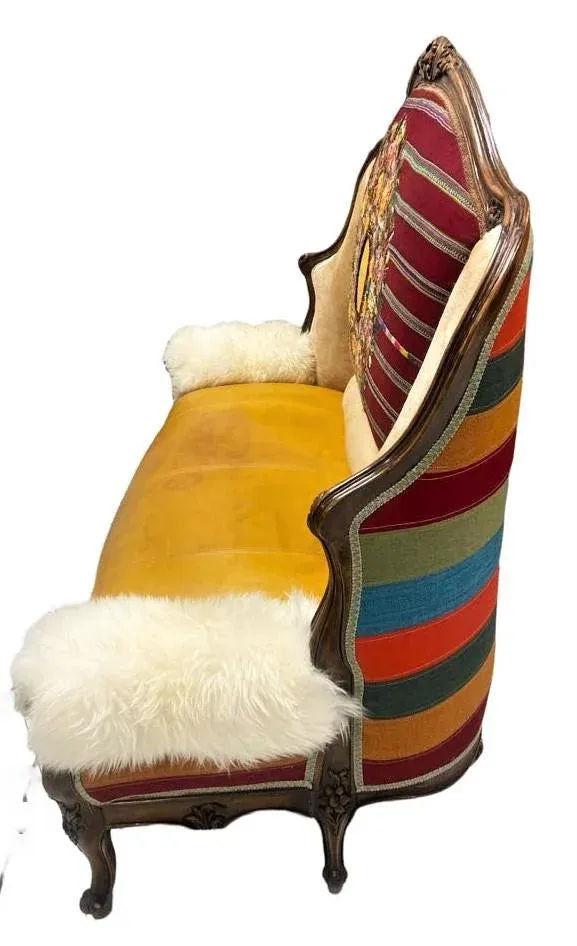 Late 19th Century French Settee With Guatemalan Hand Embroidery, Cowhide and Sheepskin - Image 3