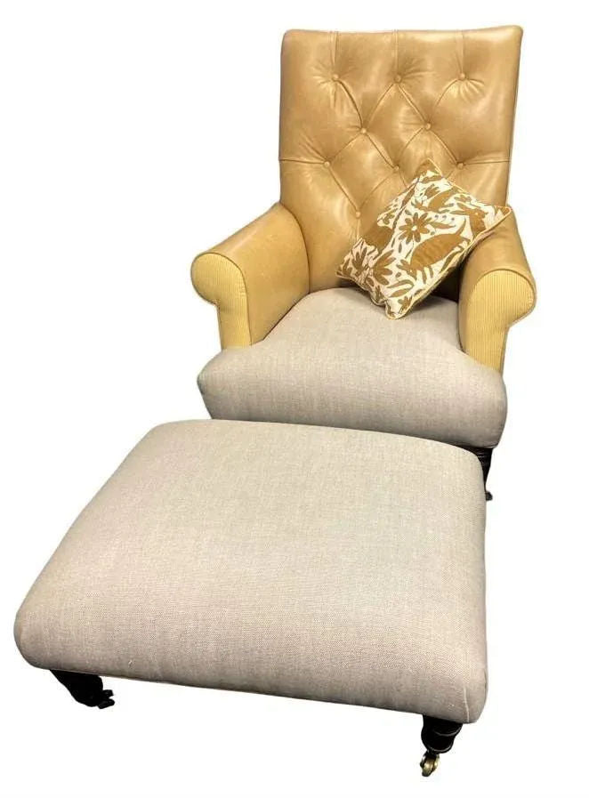 Ralph Lauren Home Vintage Chesterfield Chair and Ottoman Reupholstered With Otomi Hand Embroidery and Leather - Image 3