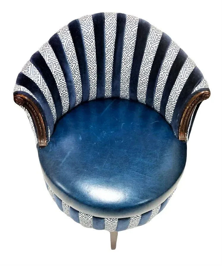 Mid 20th Century Round Accent Chair Reupholstered With Blue Velvet and Greek Key Fabric - Image 3