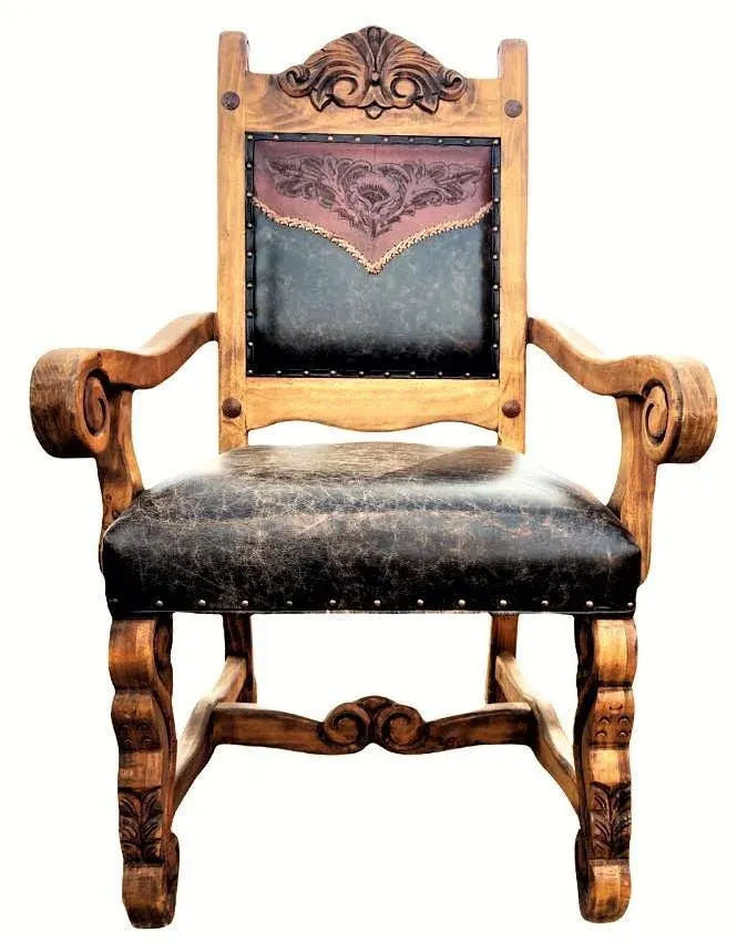 Custom Made Mexican Hacienda Chairs in Tooled Leather and Carved Wood - Set of 6 - Image 3