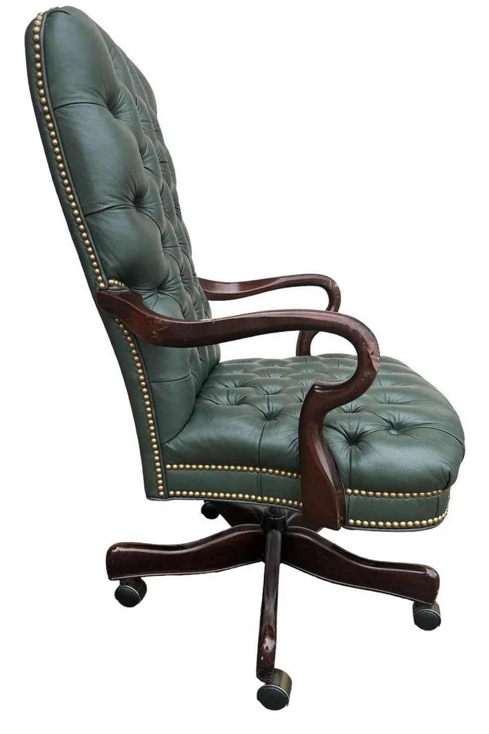 Early 21st Century Green Tufted Leather and Cherry Wood Executive Swivel Chair - Image 3