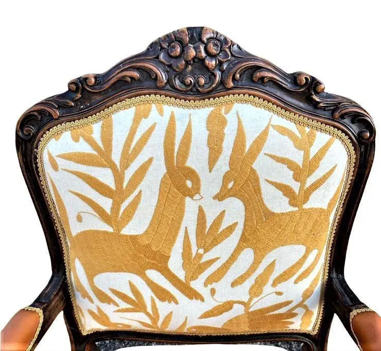 Pair of Vintage Chateau d'Ax Fauteuils With Otomi Hand Embroidery and Cognac Leather - Mid 20th Century - Image 3