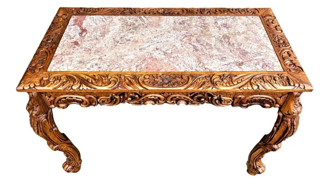 Spanish Baroque Style Heavily Carved Desk and Chair Set With Marble Inserts - Circa 1990 - Image 3