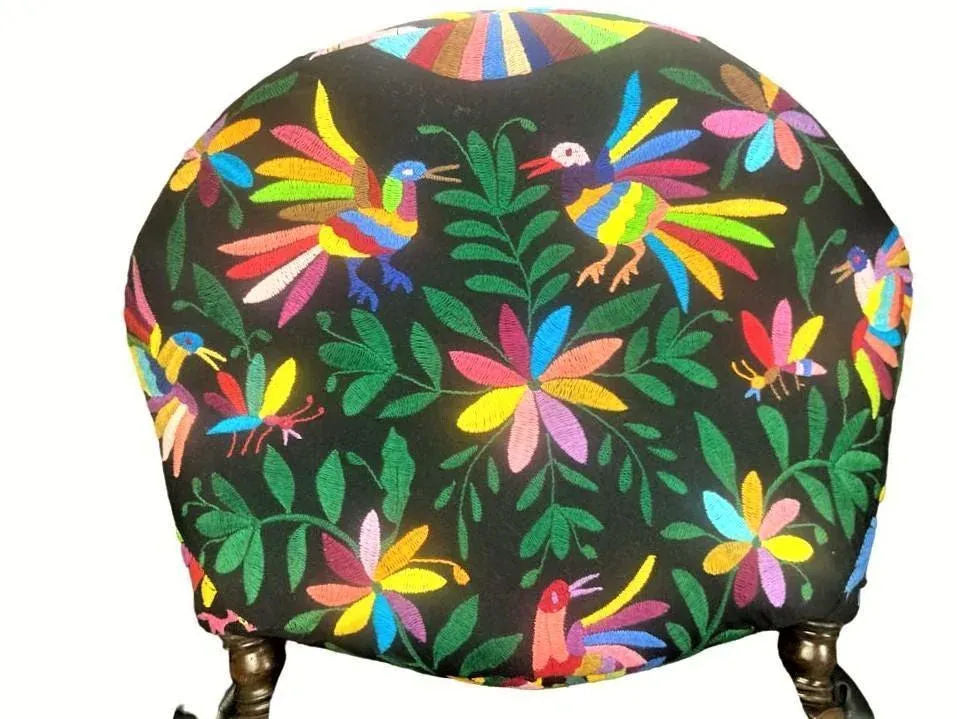 Set of 2 Ornate Spanish Revival Fauteuils With New Otomi Embroidery and Leather Upholstery - Early 20th Century Antiques - Image 3