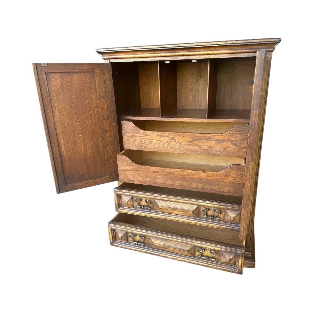 Spanish Colonial Revival Vintage Carved Solid Oak Gentleman's Chest or Armoire Crafted in North Carolina by United Furniture - Image 3