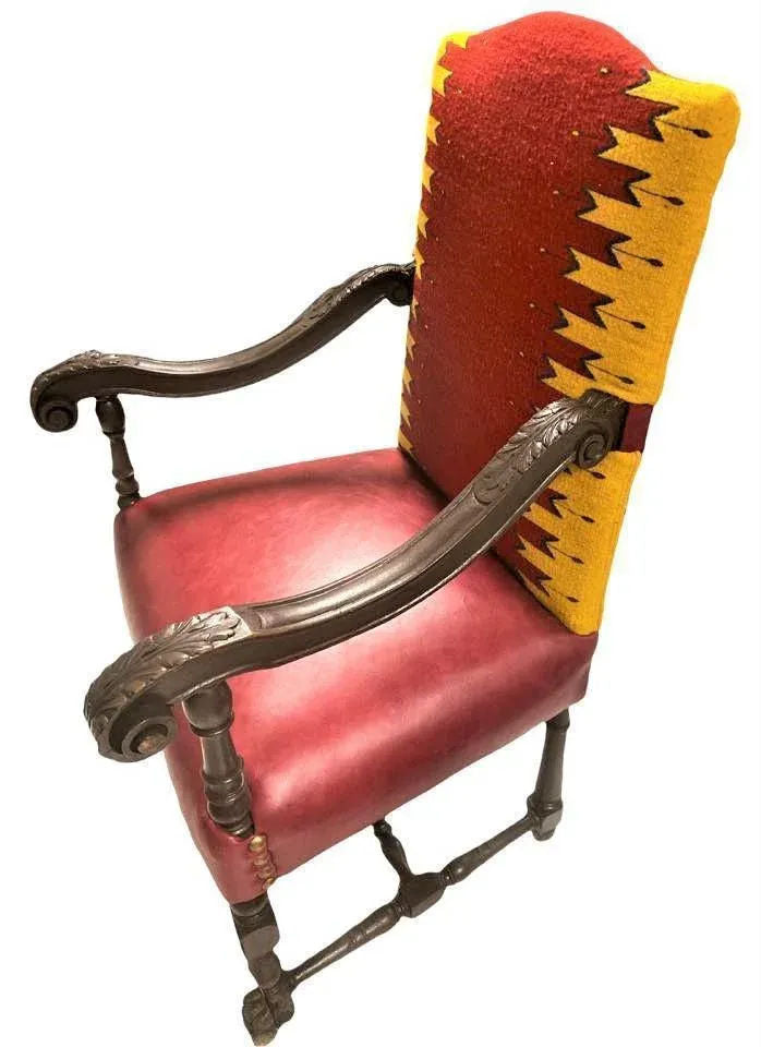 Antique Hacienda Throne Chair Reupholstered With Hand Loomed Oaxaca Tapestry and Leather - Image 3