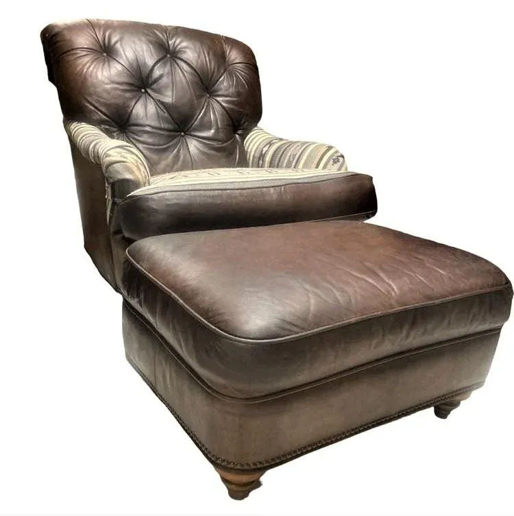 Vintage Chesterfield Leather Writer's Chair and Ottoman With Oriental Tapestry Details - Image 3