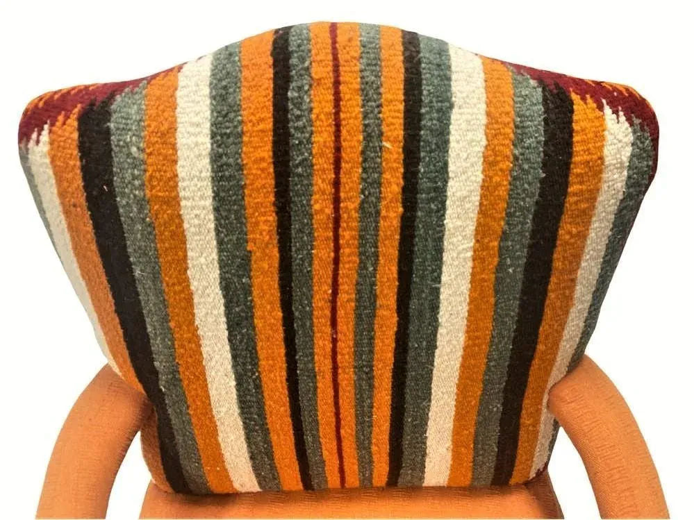 Pumpkin Colored Carved Antique Hacienda Chair Reupholstered With Hand Loomed Oaxaca Tapestry and Manta Cloth - Image 3