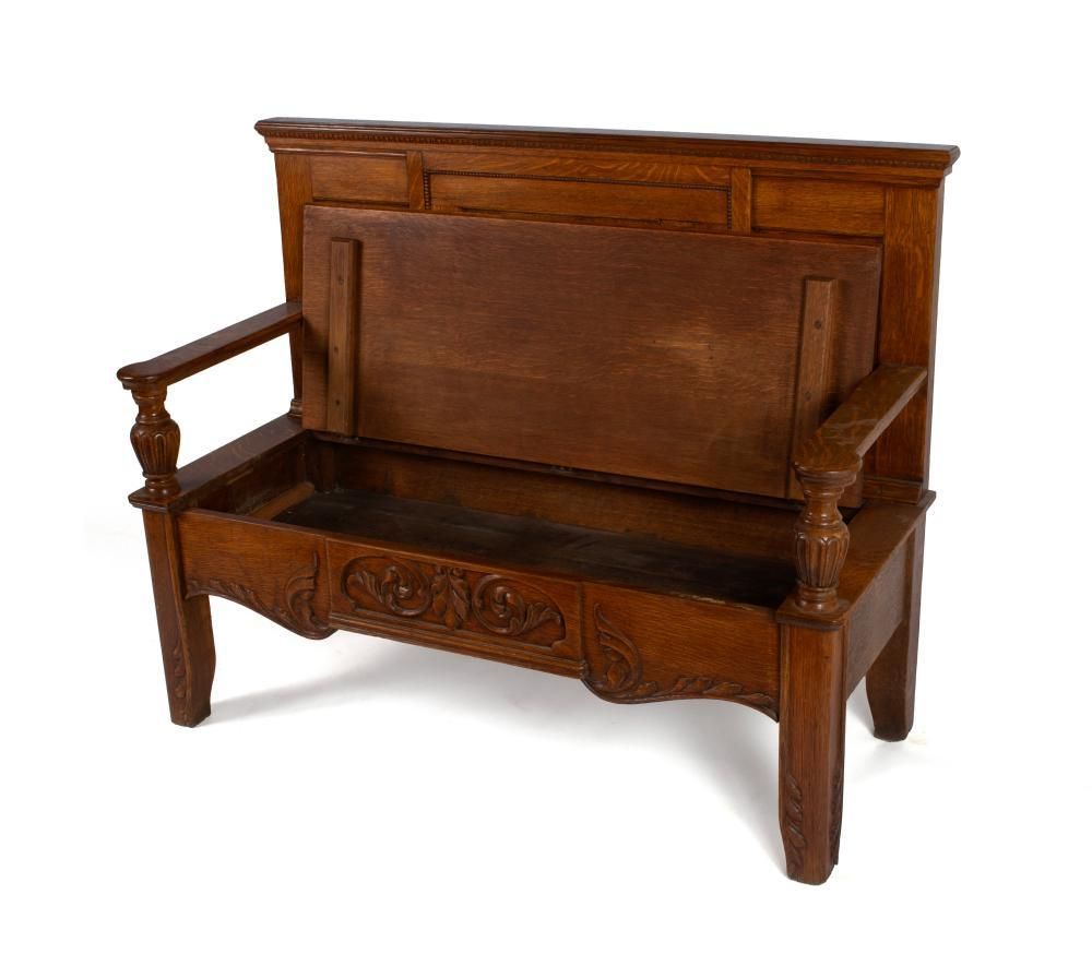 Antique Edwardian Carved High Back Monk's Bench With Storage - Image 3