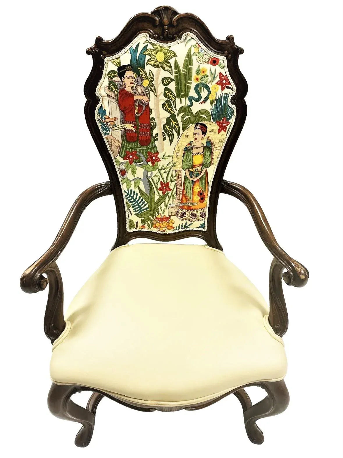 Pair of Vintage Karges Fauteuils With New Leather and 'Frida's Garden' Chintz Upholstery - Image 3