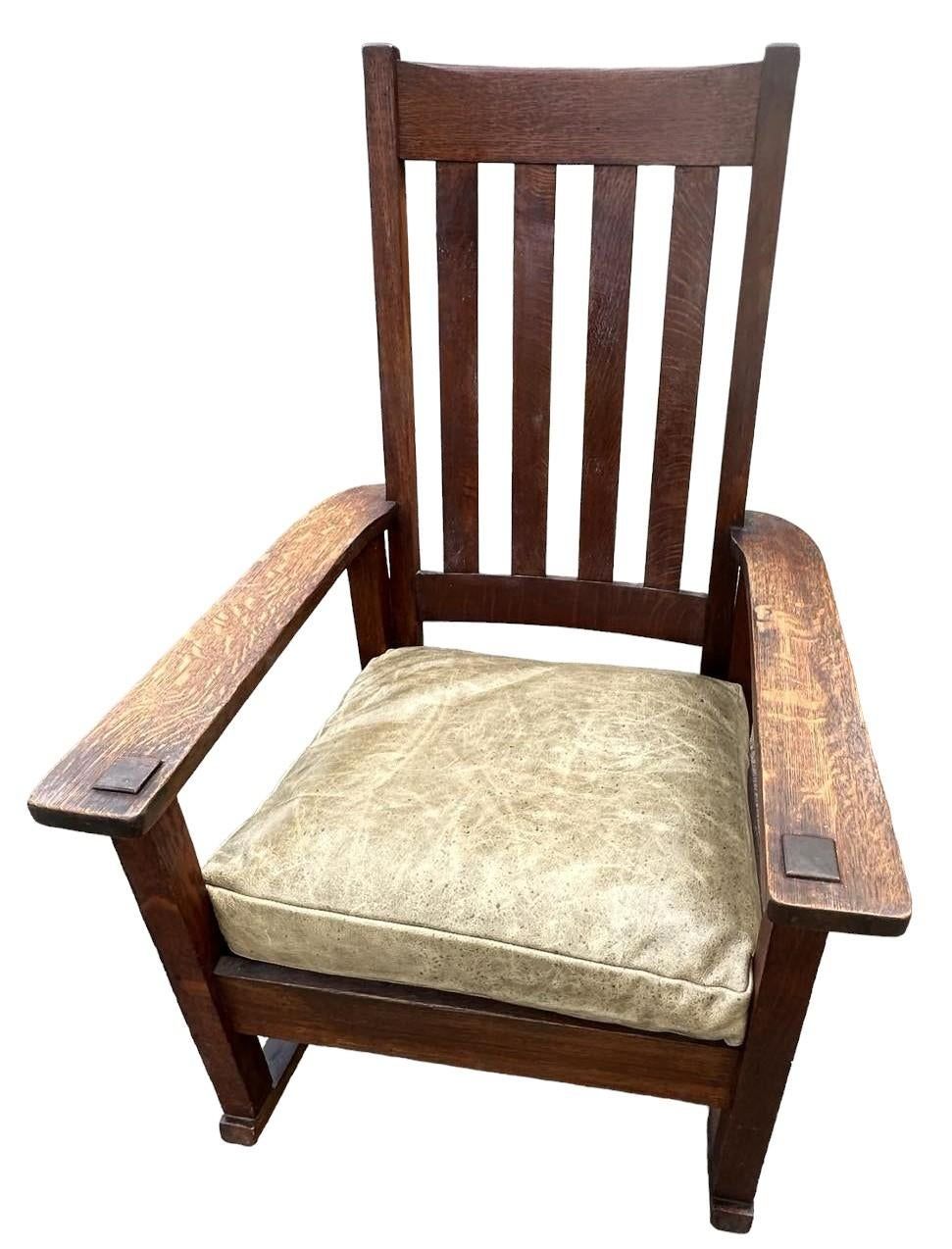 Antique Stickley Brothers Grand Rapids Mission Oak Rocking Chair With New Leather Upholstery - Circa 1900 - Image 3