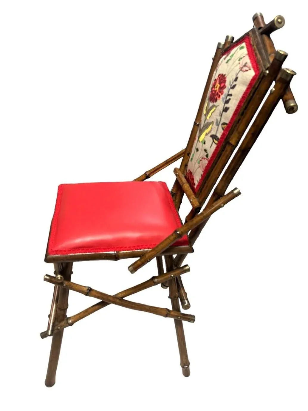Antique Anglo-Indian Bamboo Campaign Chair With New Leather and Embroidered Upholstery - Late 19th Century - Image 3