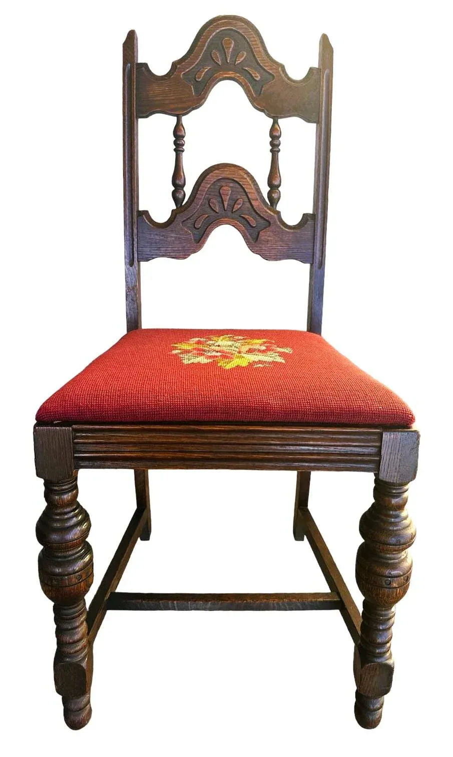 Antique 1920s Spanish Revival or Jacobean Carved Oak Dining Chairs With Needlepoint Seat Upholstery - Set of 6 - Image 3
