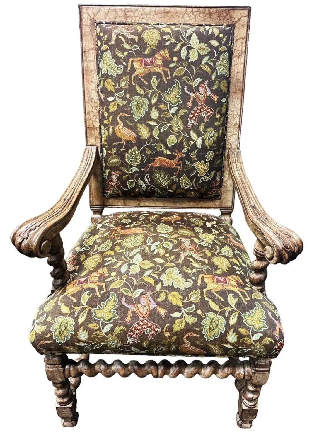 Hacienda Chair With Barley Twist Legs and Mughal Bestiary Upholstery - Circa 2020s - Image 3