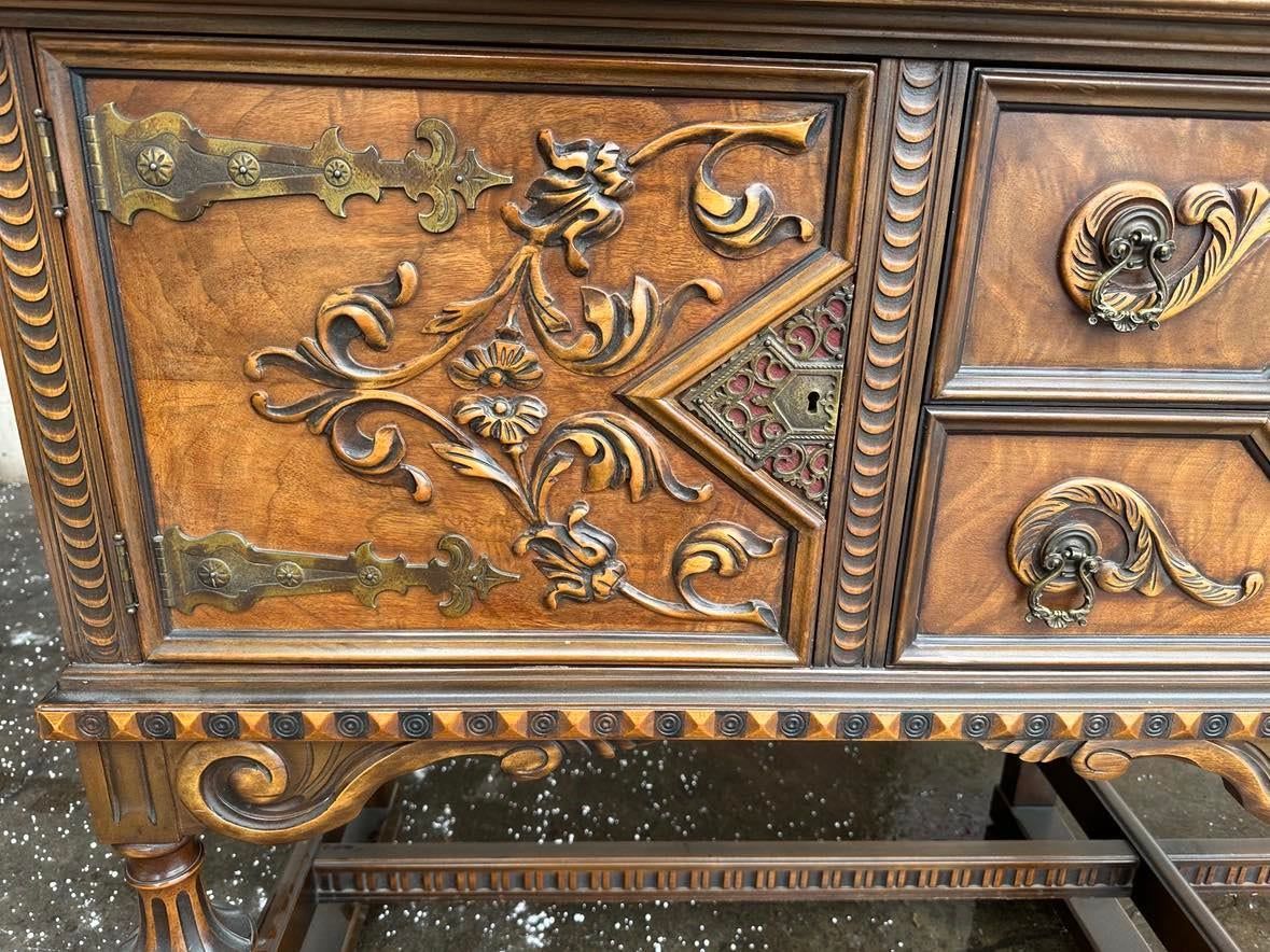 Antique Berkey & Gay Spanish Revival Ornate Walnut and Burlwood 72" Sideboard - Crafted in Grand Rapids Circa 1917 - Image 3