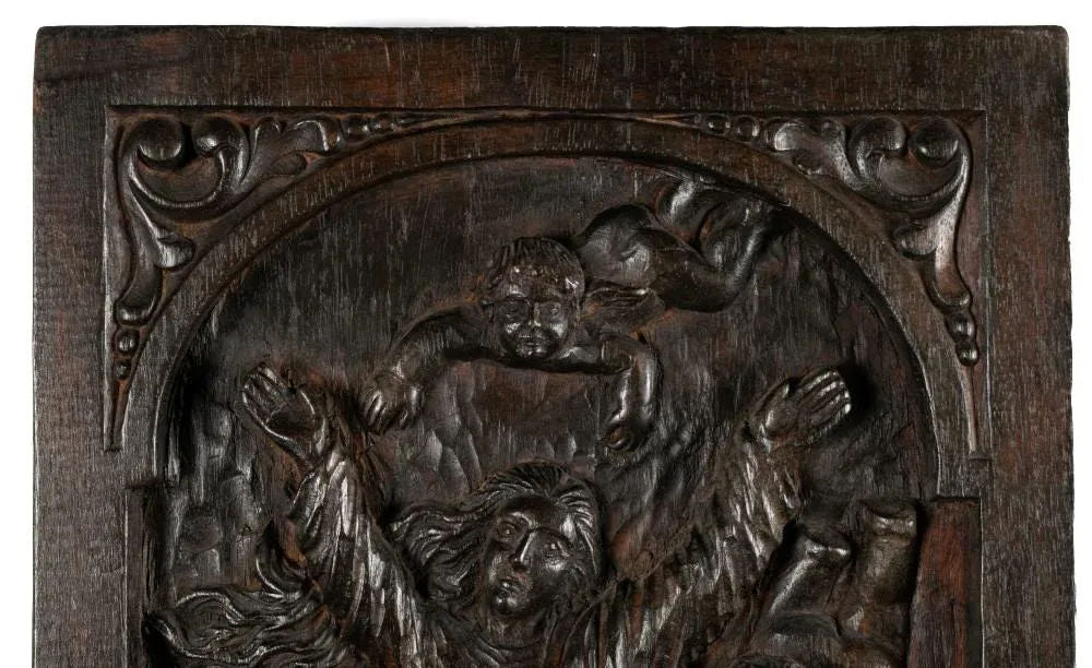 18th Century Spanish Colonial Religious Carved Wood Bas Relief Panel - Nuestra Señora Reina De Los Ángeles - Image 3