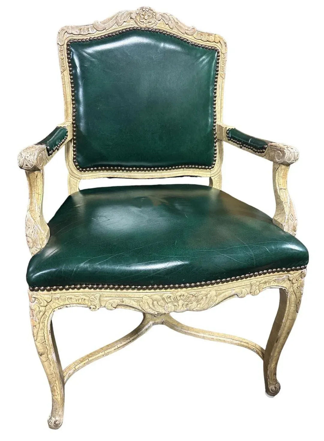 Vintage French Louis XV Fauteuils With Leather Upholstery and Distressed Finish - Late 20th Century - Image 3
