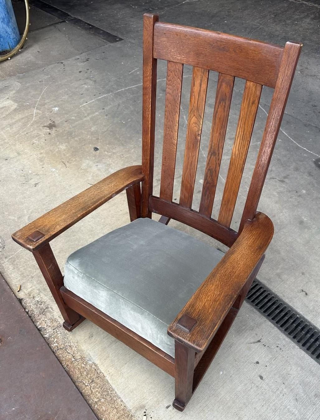 Antique Stickley Brothers Grand Rapids Mission Oak Rocking Chair With New Mohair Upholstery - Circa 1900 - Image 3