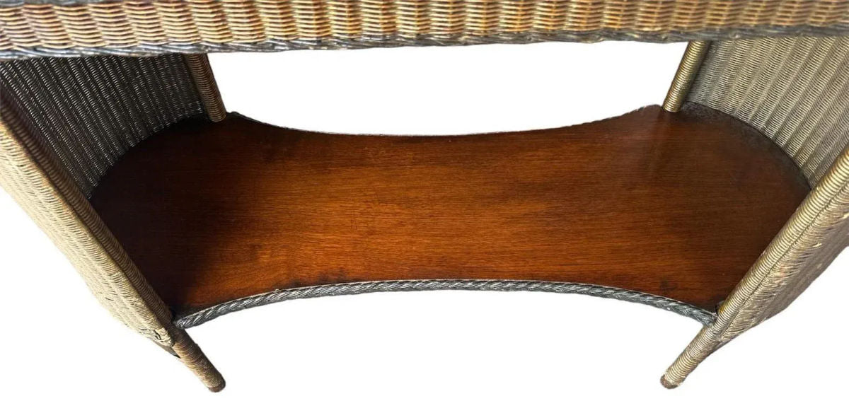 Antique 1920s Lloyd Loom Wicker and Cherry Wood Console Table - Image 3