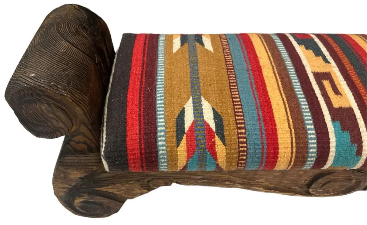 Rustic Hand Carved Mexican Wooden Bench With New Zapotec Tapestry Seat From Oaxaca - Image 3