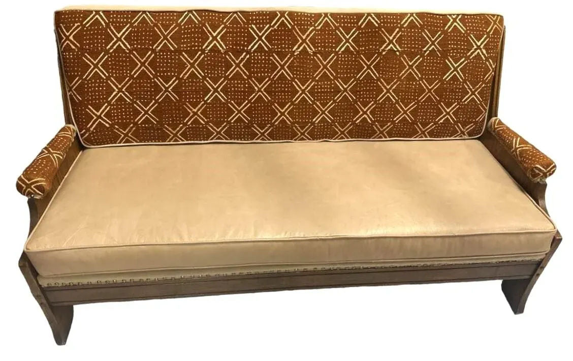 Romweber Viking Oak Sofa With Two Chairs - Upholstered With Artisanal African Textile and Leather - Vintage Mid 20th Century - Image 3