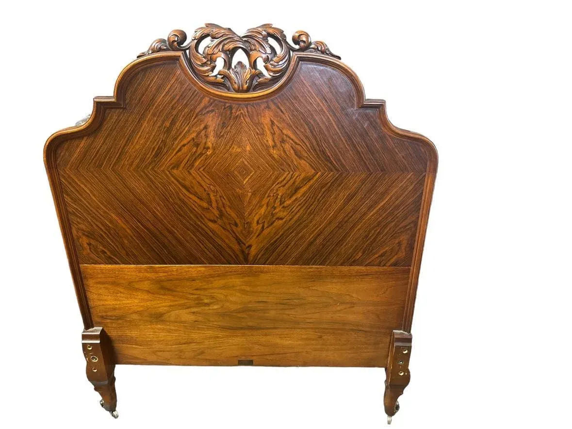 Antique Rococo Heavily Carved Burlwood and Walnut Bed Attributed to Kindel Grand Rapids - Twin Size - Circa 1910 - Image 3