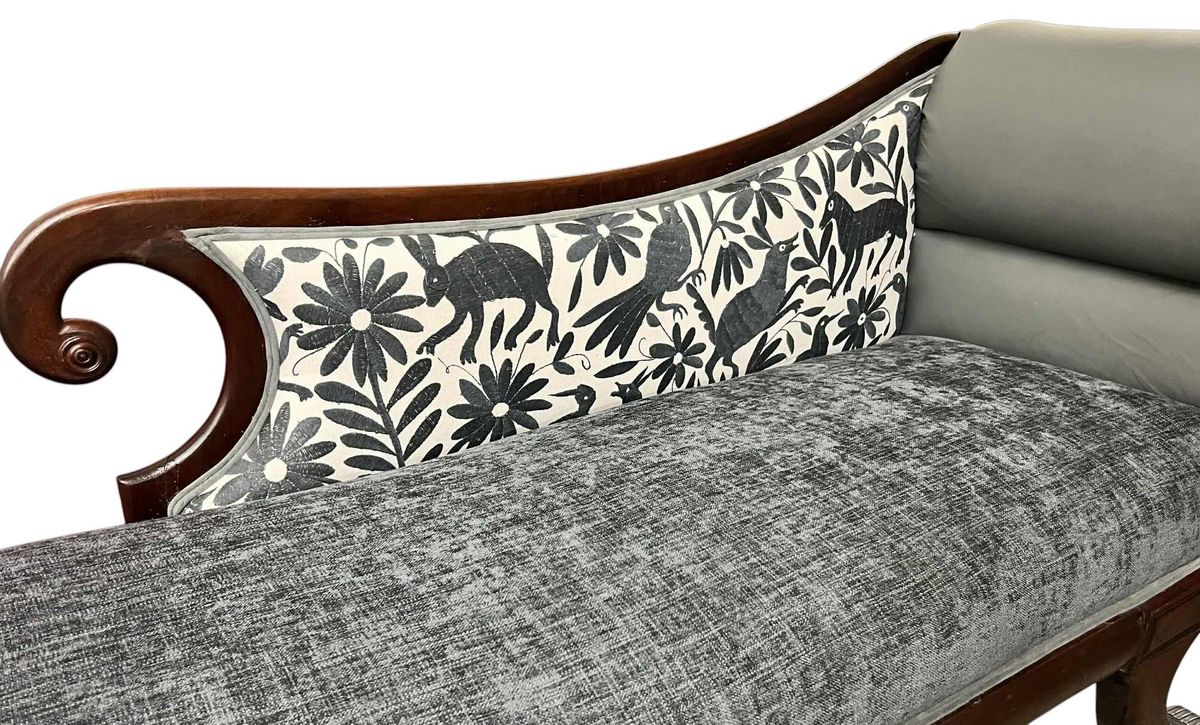 ‘Empress Carlota’ Mahogany Empire Chaise - Circa 1860s - Reupholstered With New Otomi Hand Embroidery and Leather - Image 3