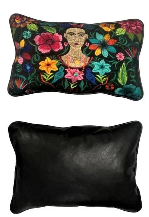 Frida Kahlo Image Chiapas Embroidery and Black Leather Accent Pillows - a Pair - Newly Made - Image 3