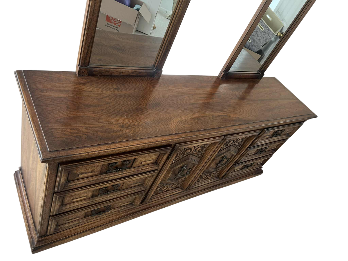 Spanish Revival Vintage Carved Solid Oak Triple Dresser With Mirrors Crafted in North Carolina by United Furniture - Image 3