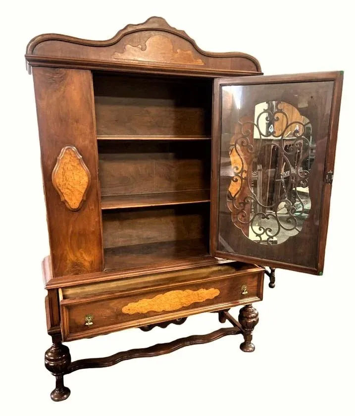 Early 20th Century Antique Spanish Revival Walnut and Burlwood China Cabinet - Image 3
