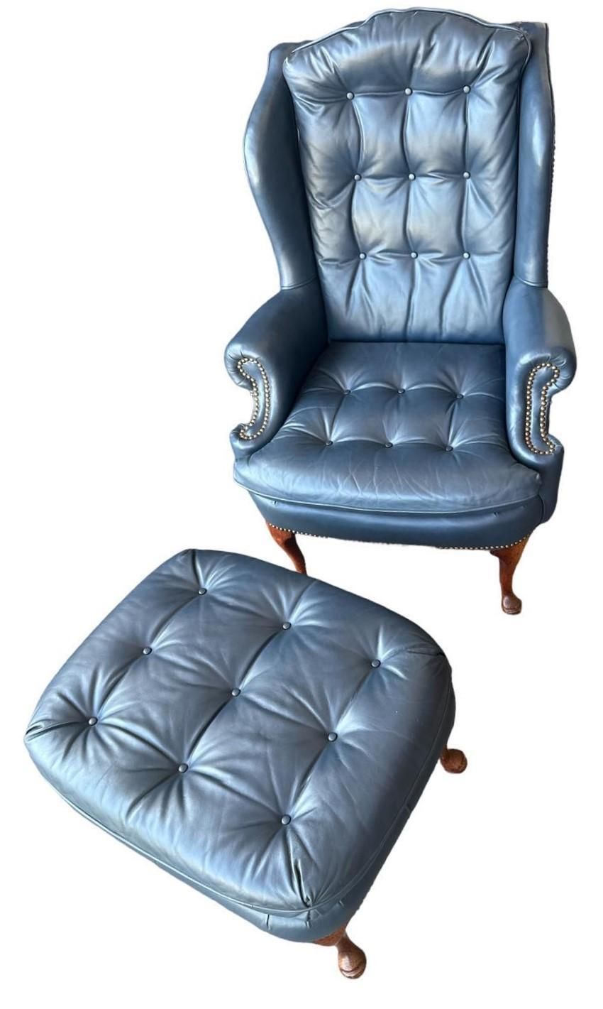 1980s Cornflower Blue Tufted Leather Chair and Ottoman Set Made in Hickory, North Carolina - Image 3