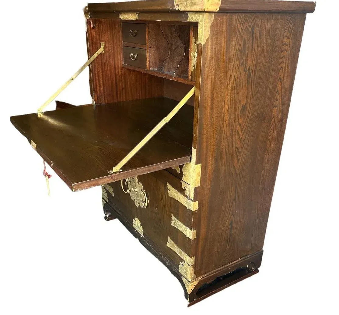 Korean Elmwood and Brass Campaign Style Secretary Desk - Vintage Late 20th Century - Image 3