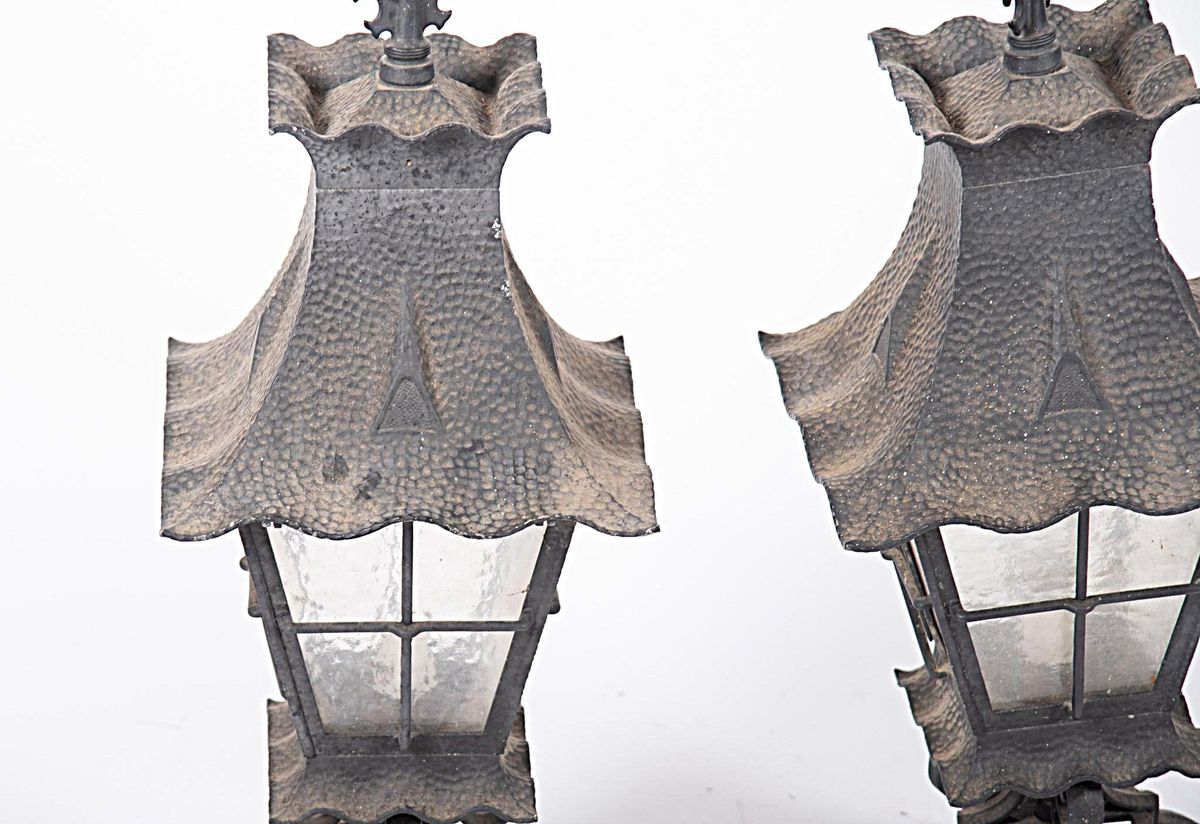 Pair of Spanish Revival Hammered Metal Lanterns - Vintage Late 20th Century - Image 3