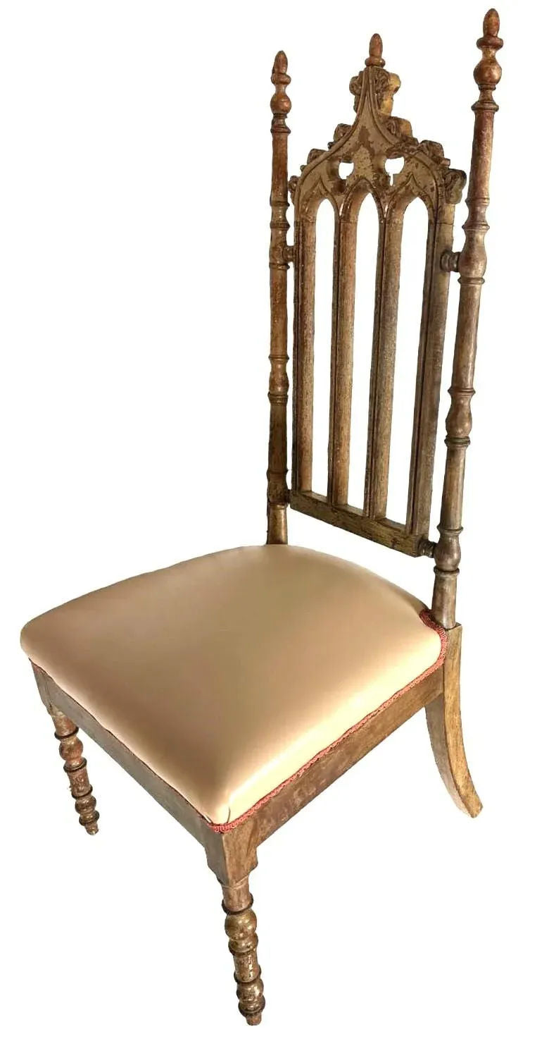 Antique Walnut English Cathedral Spire Chair With New Goatskin Upholstery - Image 3