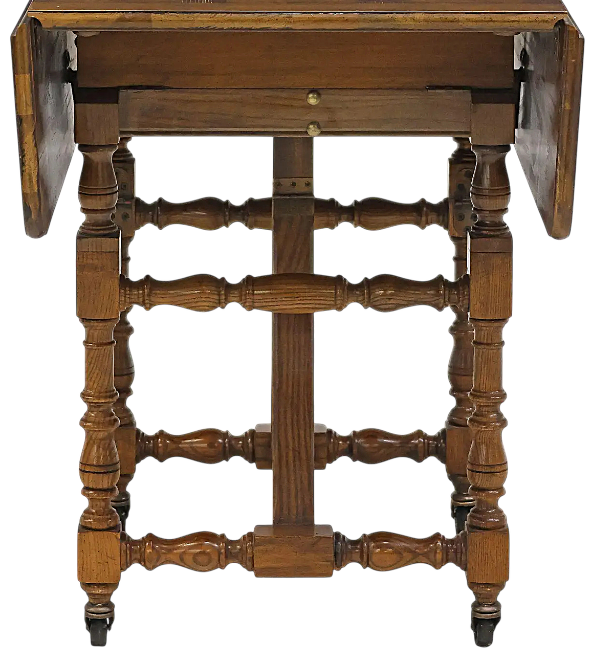 Late 20th Century Baker Furniture Vintage William & Mary Oak Drop Leaf 18” H Coffee Table Adjustable as 29” H Side Table - Image 3