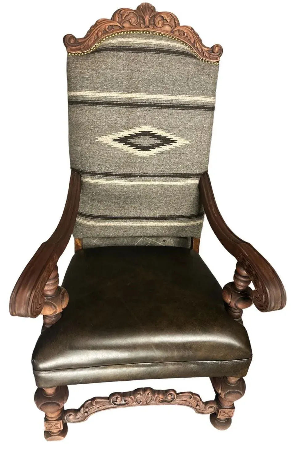 Antique Carved Hacienda Chair Upholstered With Oaxaca Wool Tapestry and Leather - Image 3