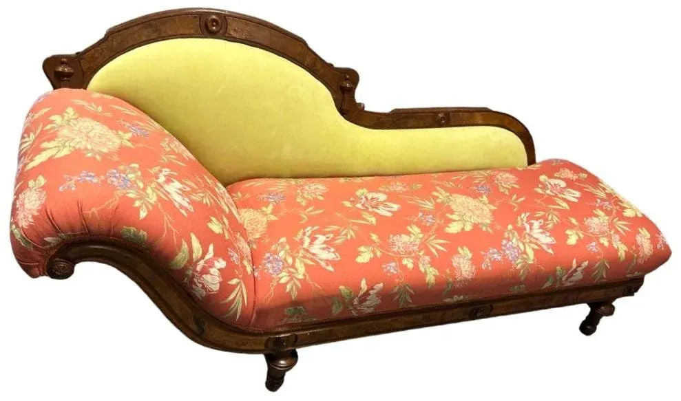 Antique 19th Century Fainting Couch With New Chartreuse Leather and Designer Fabric Upholstery - Image 3