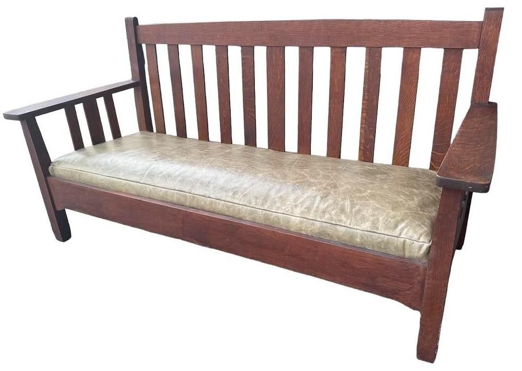 Antique Stickley Brothers Grand Rapids Mission Oak Settee With New Pullup Leather Seat Upholstery - Circa 1900 - Image 3