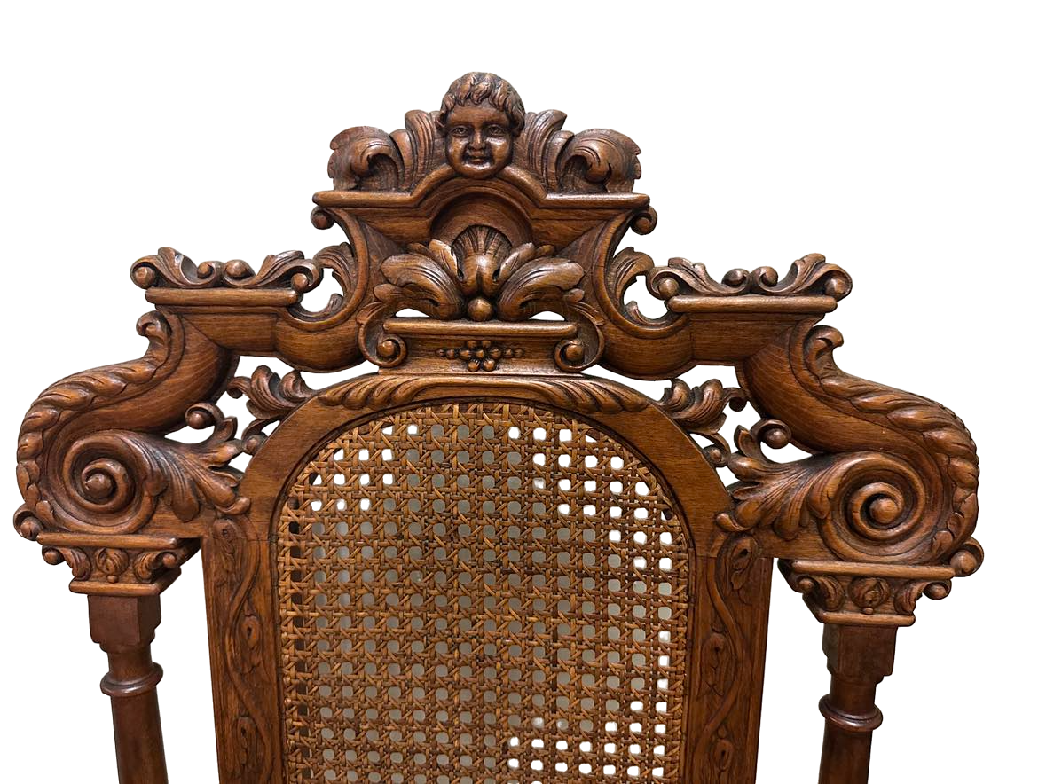 Antique 19th Century Ornately Carved Oak and Caning Renaissance Revival Chairs With New Leather Seat Upholstery - a Pair - Image 3