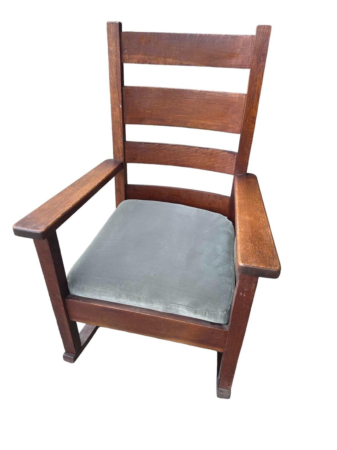 Antique Stickley Grand Rapids Quaint Furniture Mission Oak Rocking Chair With New Mohair Seat Upholstery - Image 3